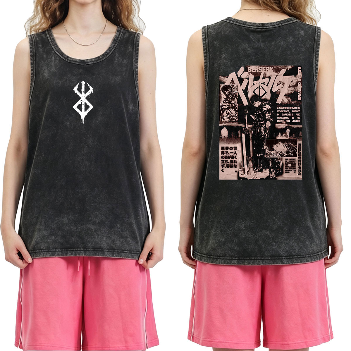 Acid Wash Vintage Graphic T Shirt - Kaos tanpa lengan bergambar anime Berserk