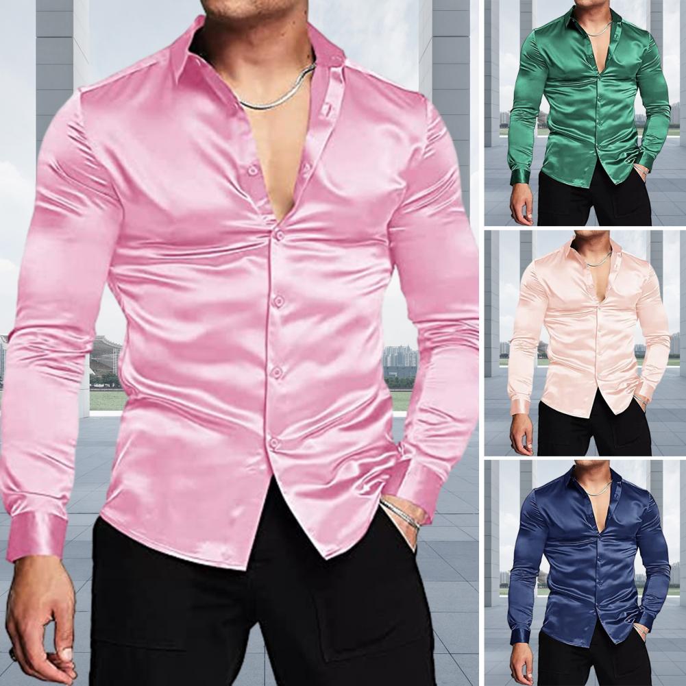 Mens Satin Silk Dress Shirt - Kemeja mewah Satin sutra merah muda