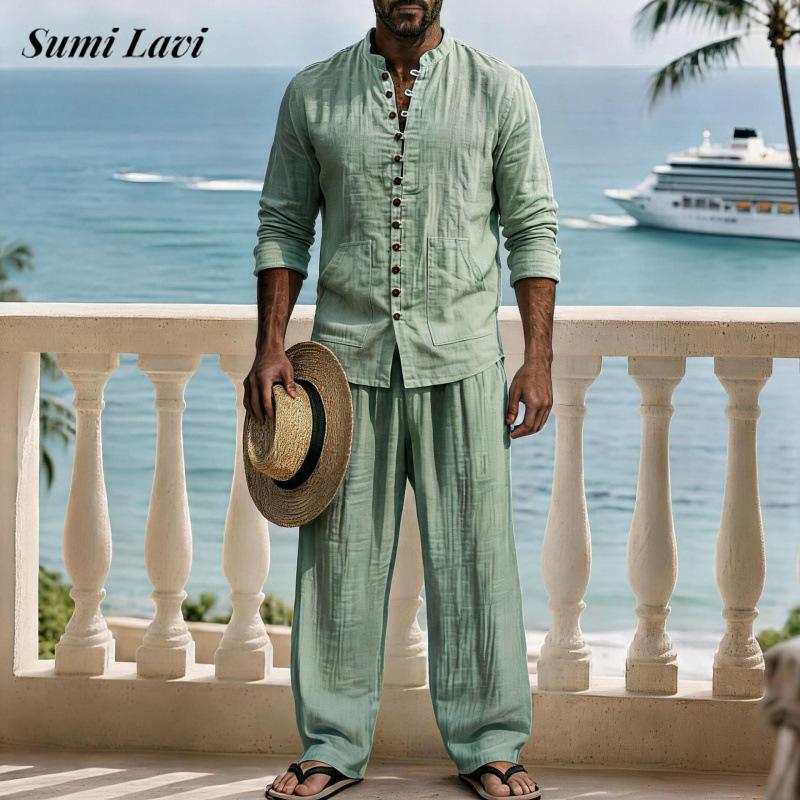 Setelan Dua Potong Kemeja Leng - Mens Linen Shirt Long Sleeve ulasan dan harga