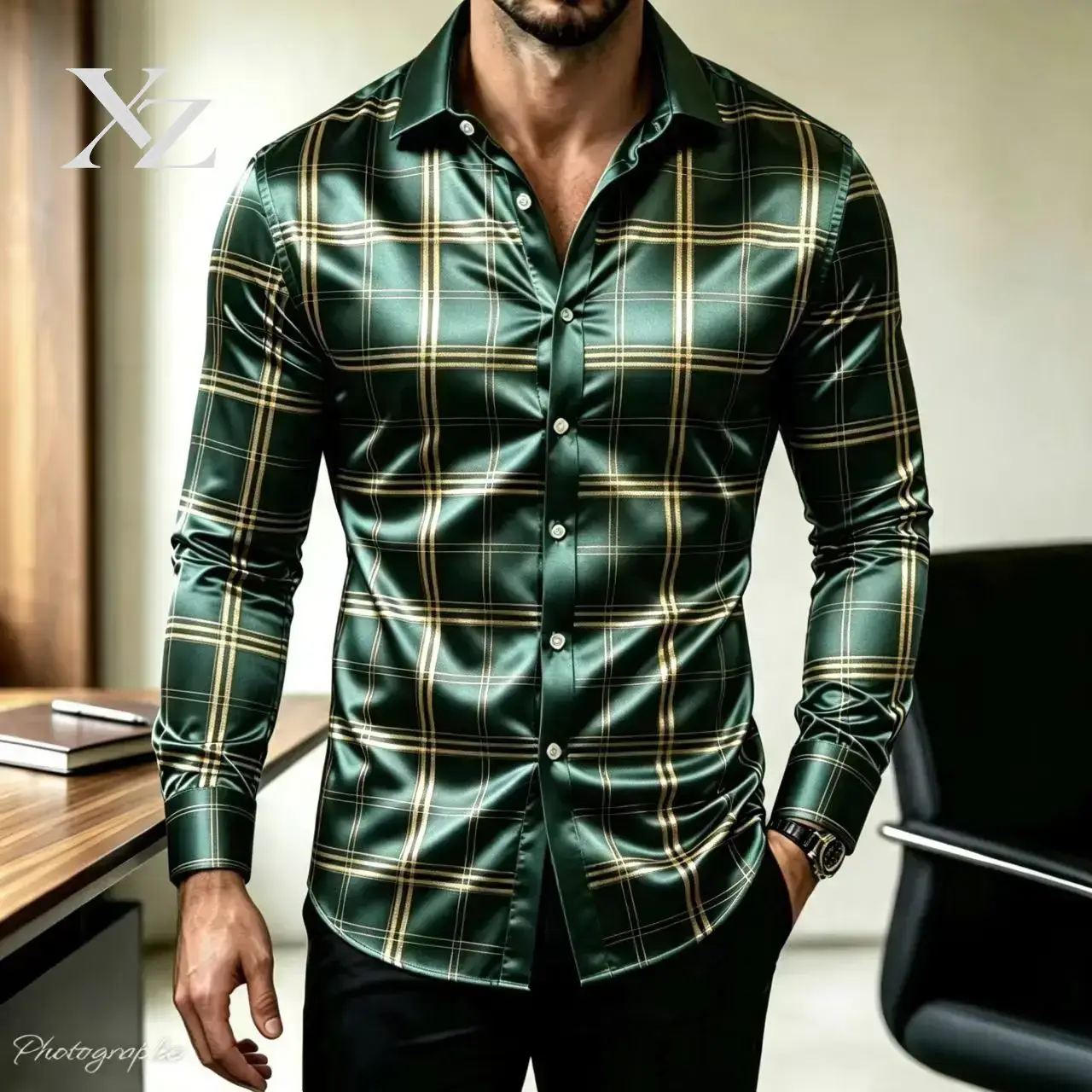 Kemeja Lengan Panjang Bermotif - Mens Satin Silk Dress Shirt ulasan dan harga