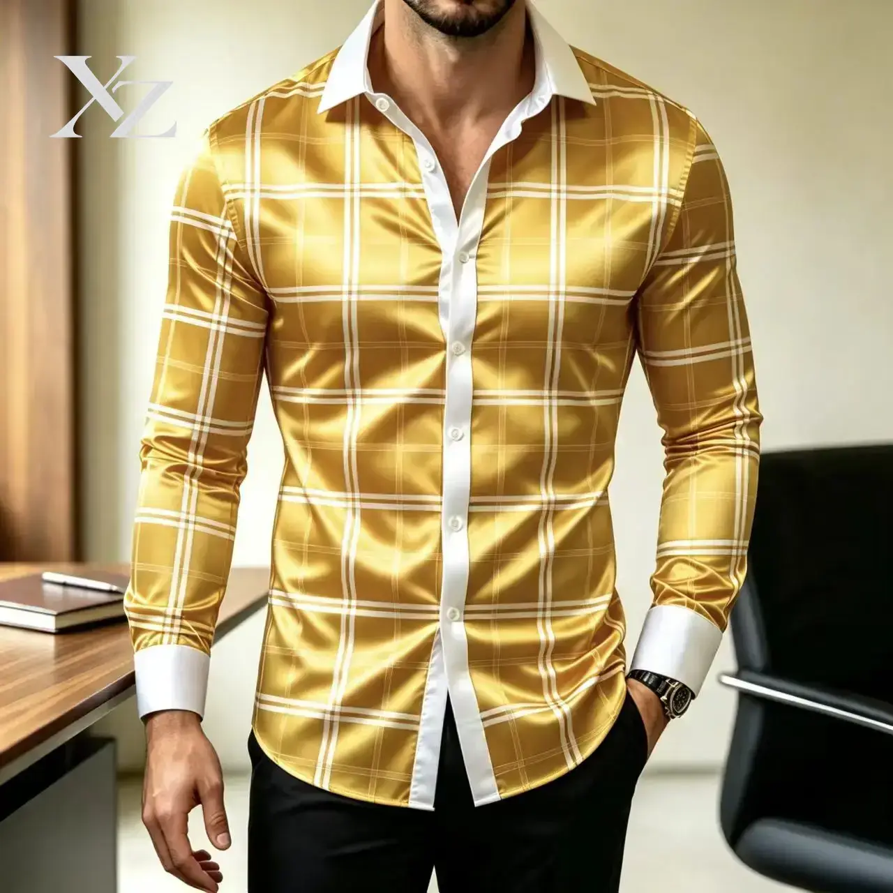 Kemeja Lengan Panjang Bermotif - Mens Satin Silk Dress Shirt ulasan dan harga