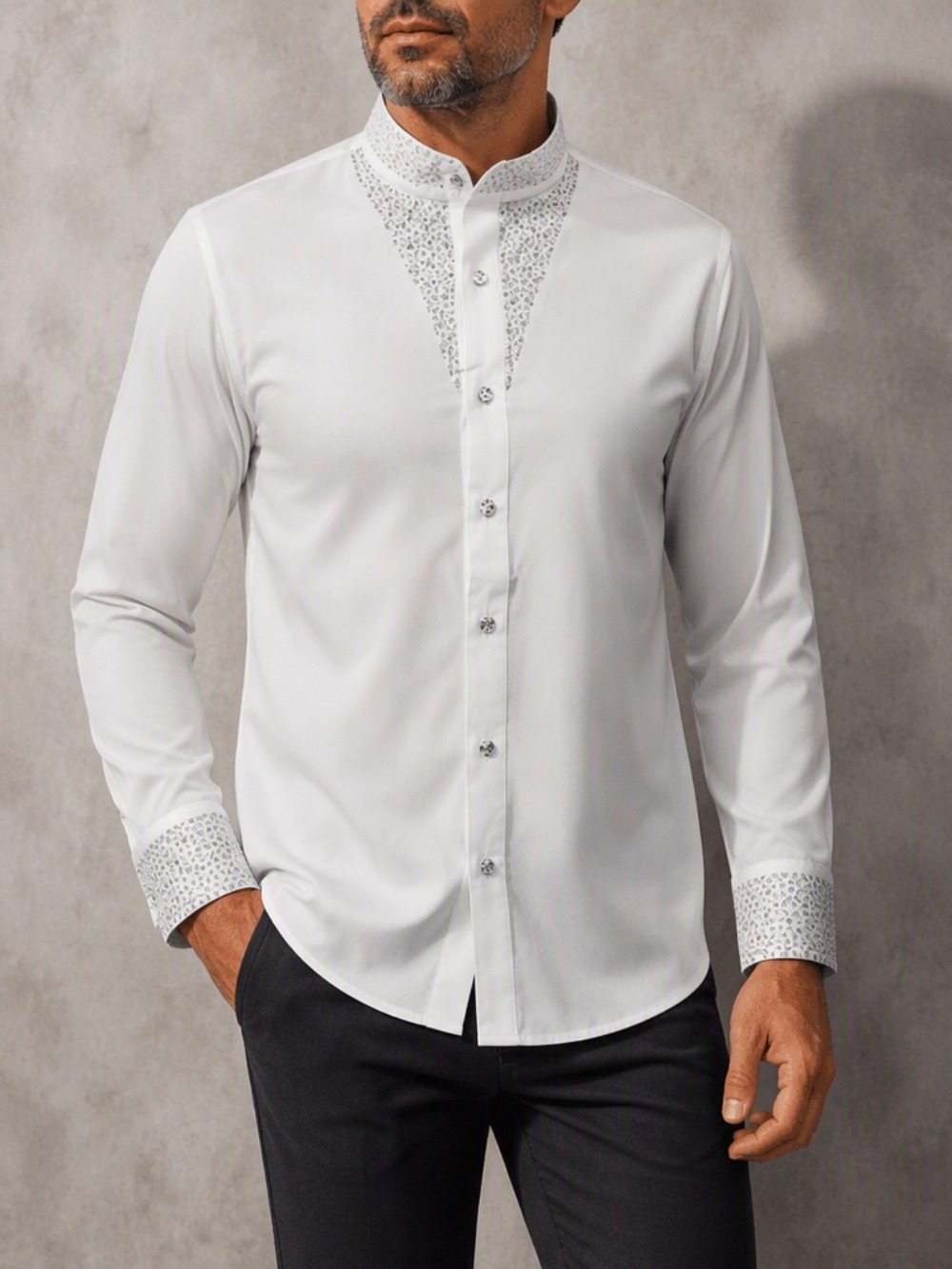 Blus kasual pria untuk bisnis, - Mandarin Collar Formal Shirt Slim Fit ulasan dan harga